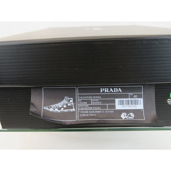 PRADA 1T618M WHITE BLACK POLKA CANVAS LOGO POINTY CAP HIGH TOP SNEAKERS 40 ITALY - Picture 15 of 15